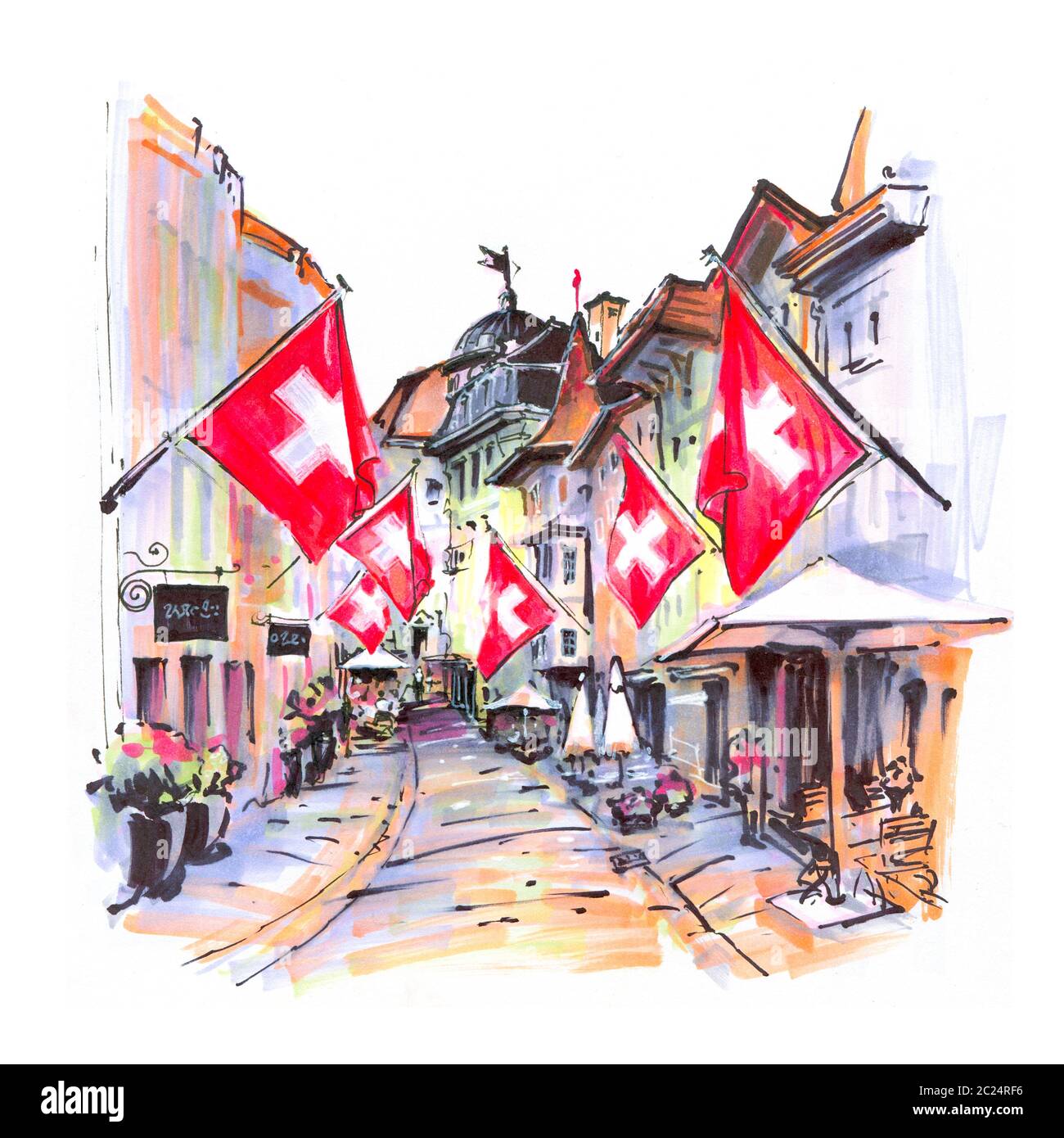 Watercolor sketch of Cozy street with Swiss flags in the Old Town of Zurich, the largest city in Switzerland. Stock Photo