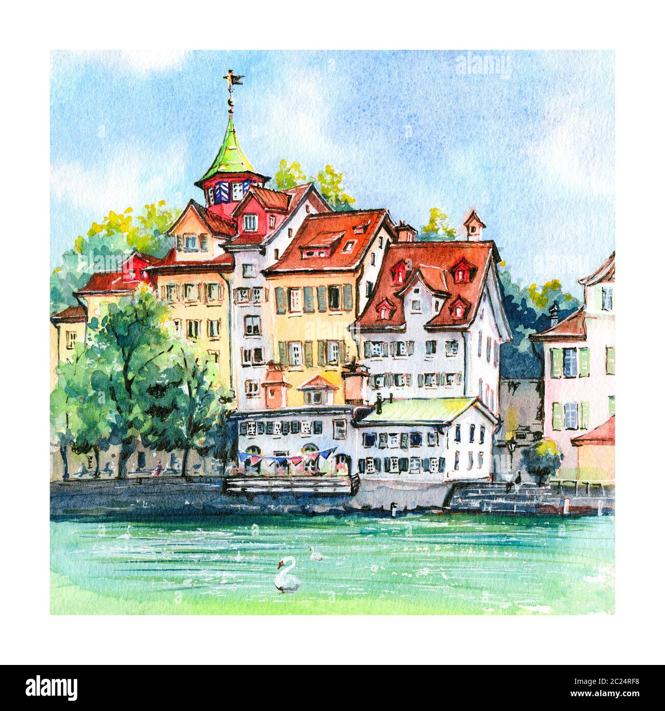 Watercolor sketch of cozy houses by the river Limmat in the Old Town of Zurich, the largest city in Switzerland. Stock Photo