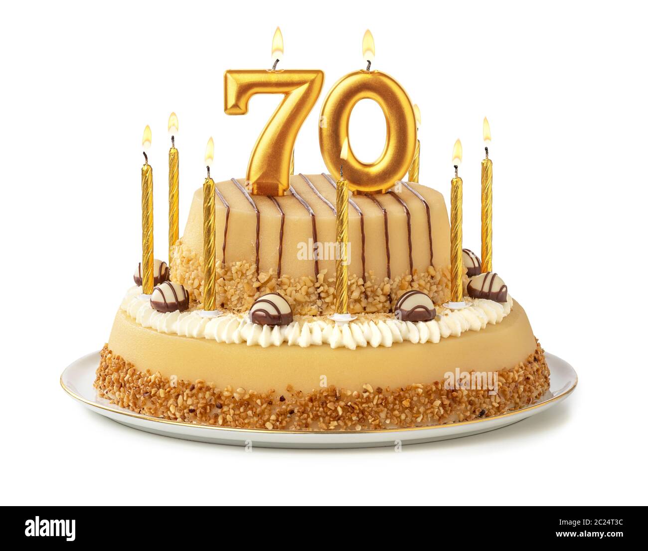 Festive cake with golden candles - Number 70 Stock Photo