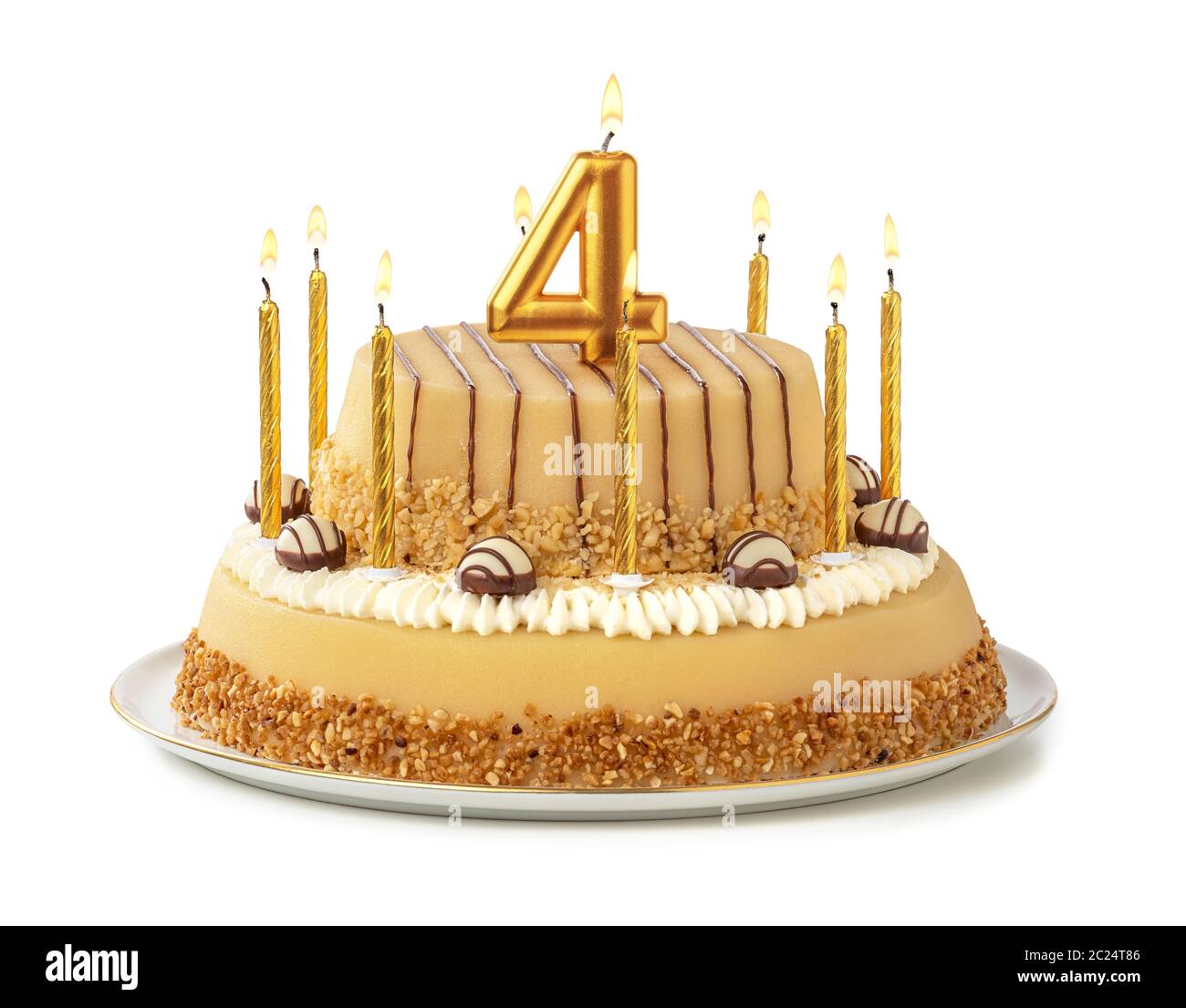 Festive cake with golden candles - Number 4 Stock Photo
