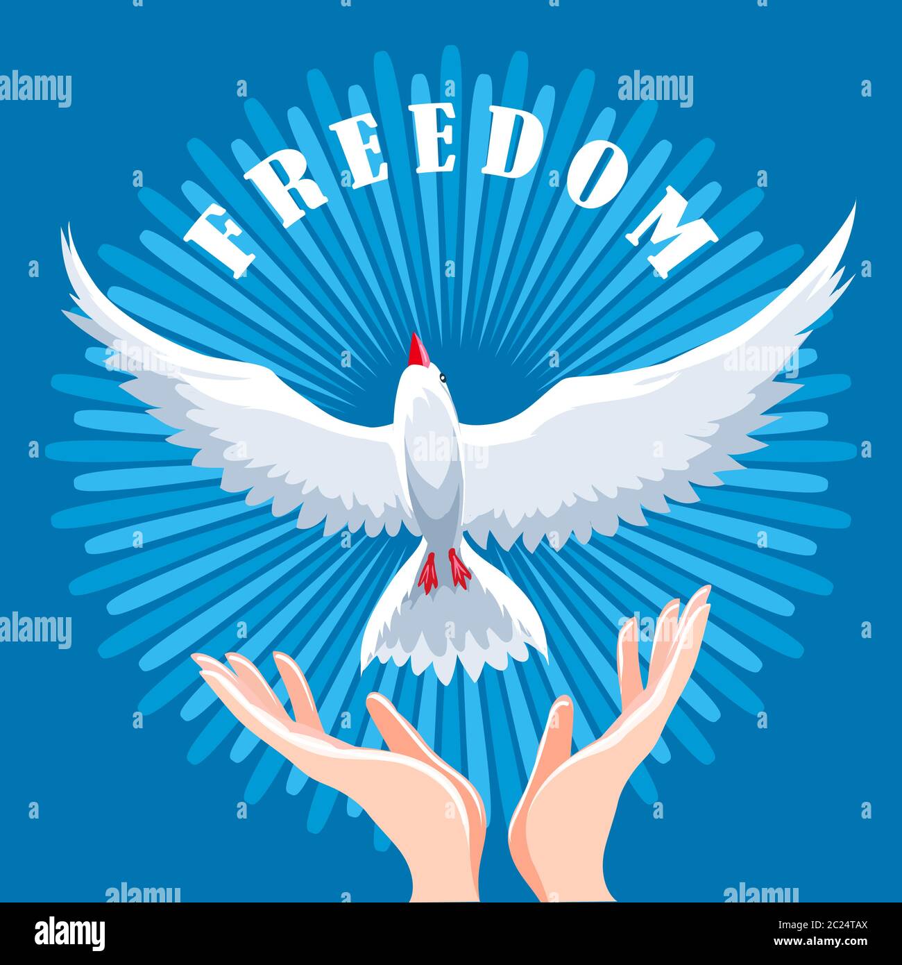 Hands release dove in the air. Freedom concept emblem. Vector illustration. Stock Vector