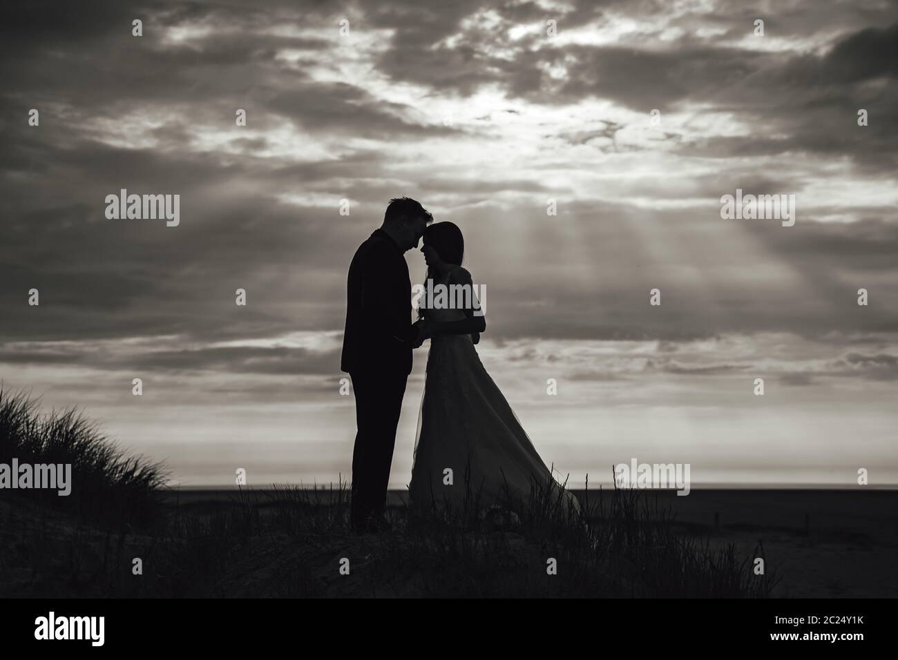 Black and white silhouette of wedding couple on beach. Dramatic sky with  sun rays among clouds in background. Happiness, love, confidence concept  Stock Photo - Alamy