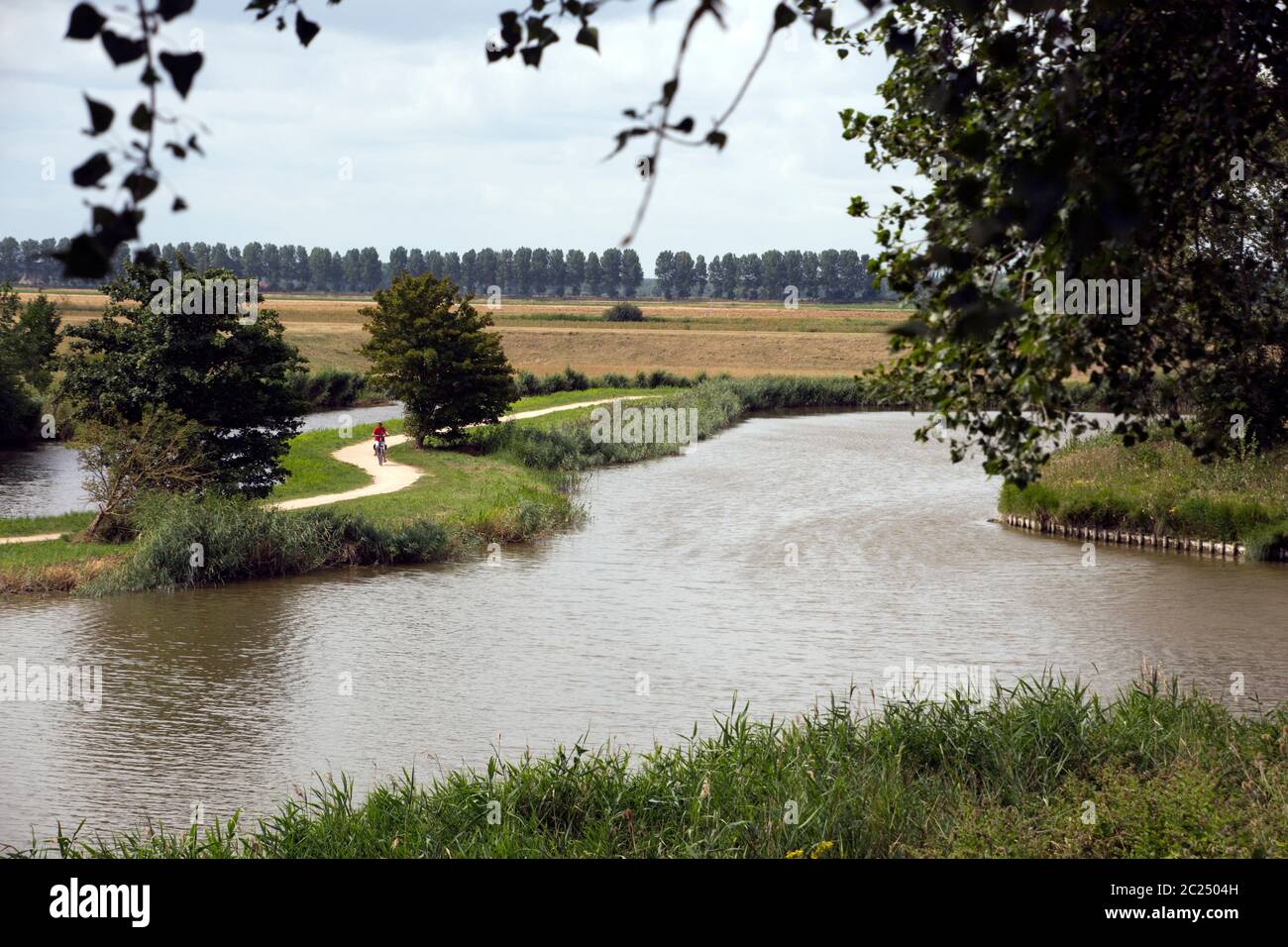 typisch Holländische Landschaft mit Radweg und Kanal, Sluis, Zeeland, Niederlande Stock Photo