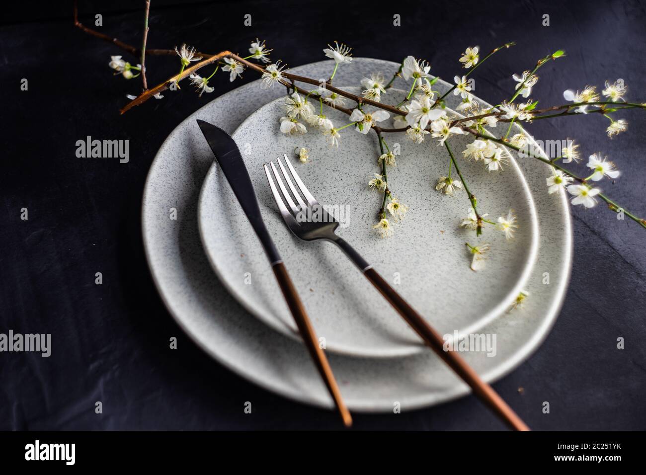 Spring table setting with blooming tree branch Stock Photo