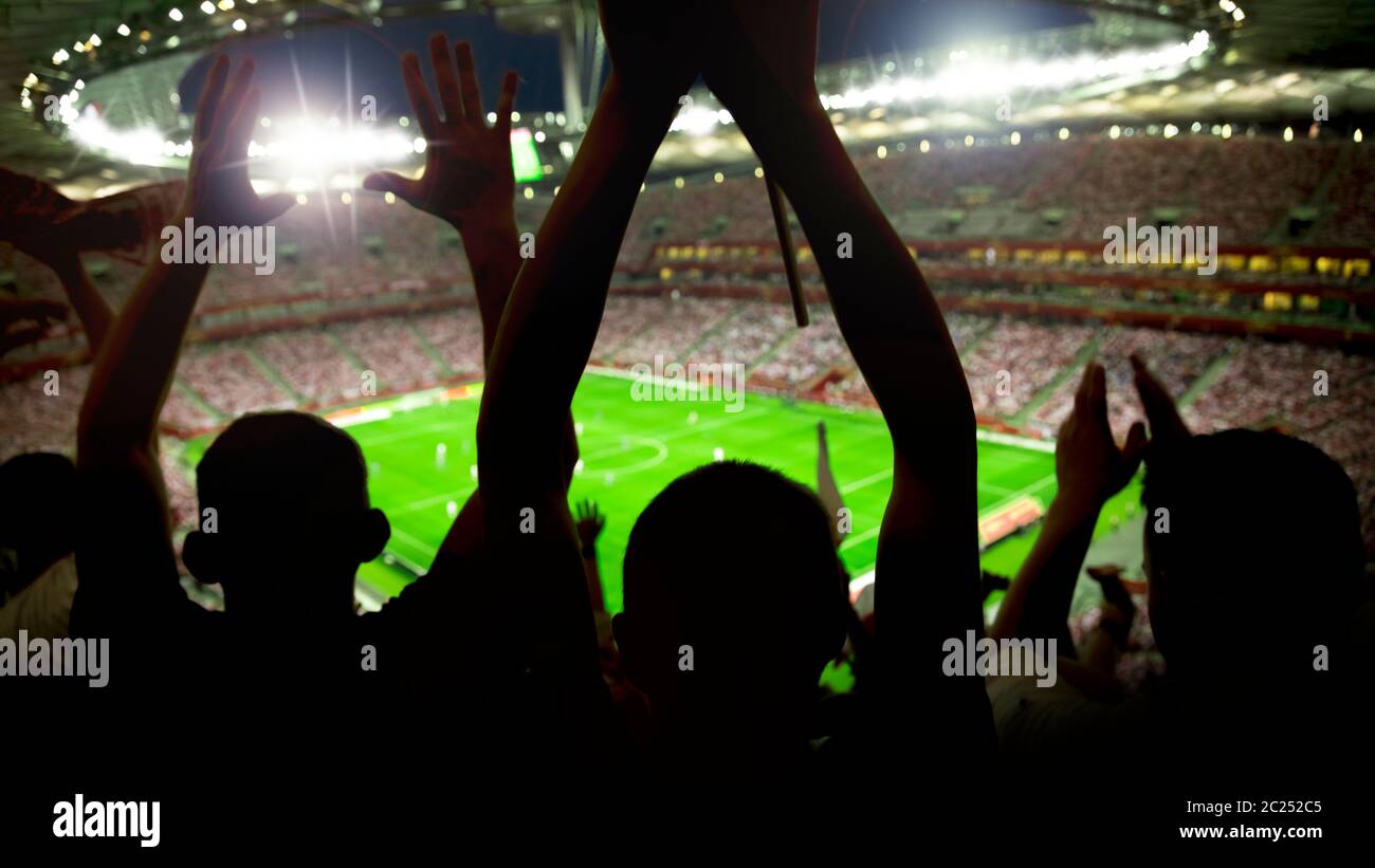 Soccer stadium full of fans cheering after goal Stock Photo