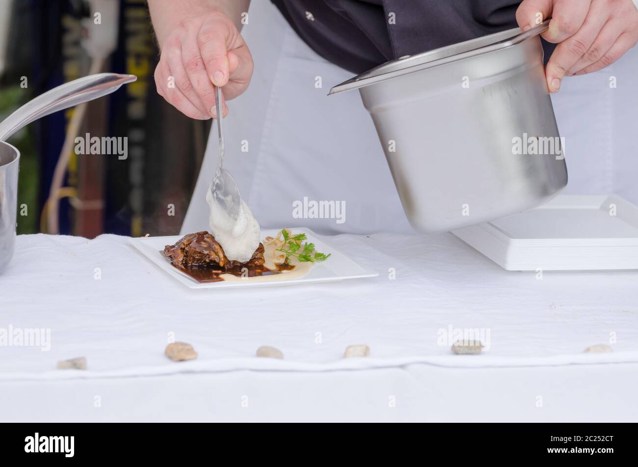 Beef cheeks braised in beer with celeriac puree with wasabi, ginger