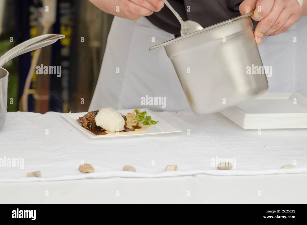 Beef cheeks braised in beer with celeriac puree with wasabi, ginger