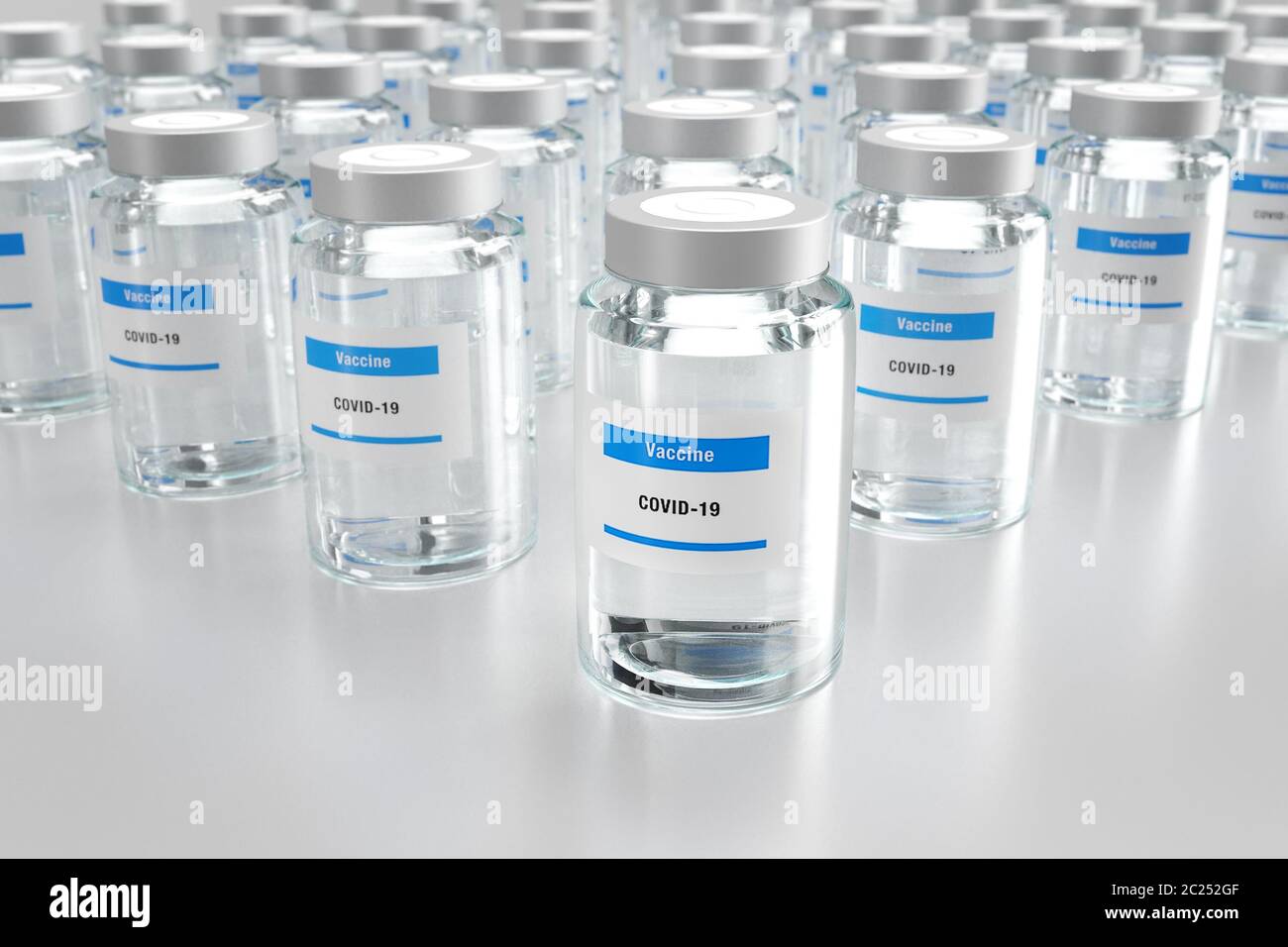 3d Illustration with rows of glass vials containing Covid-19 vaccine Stock Photo