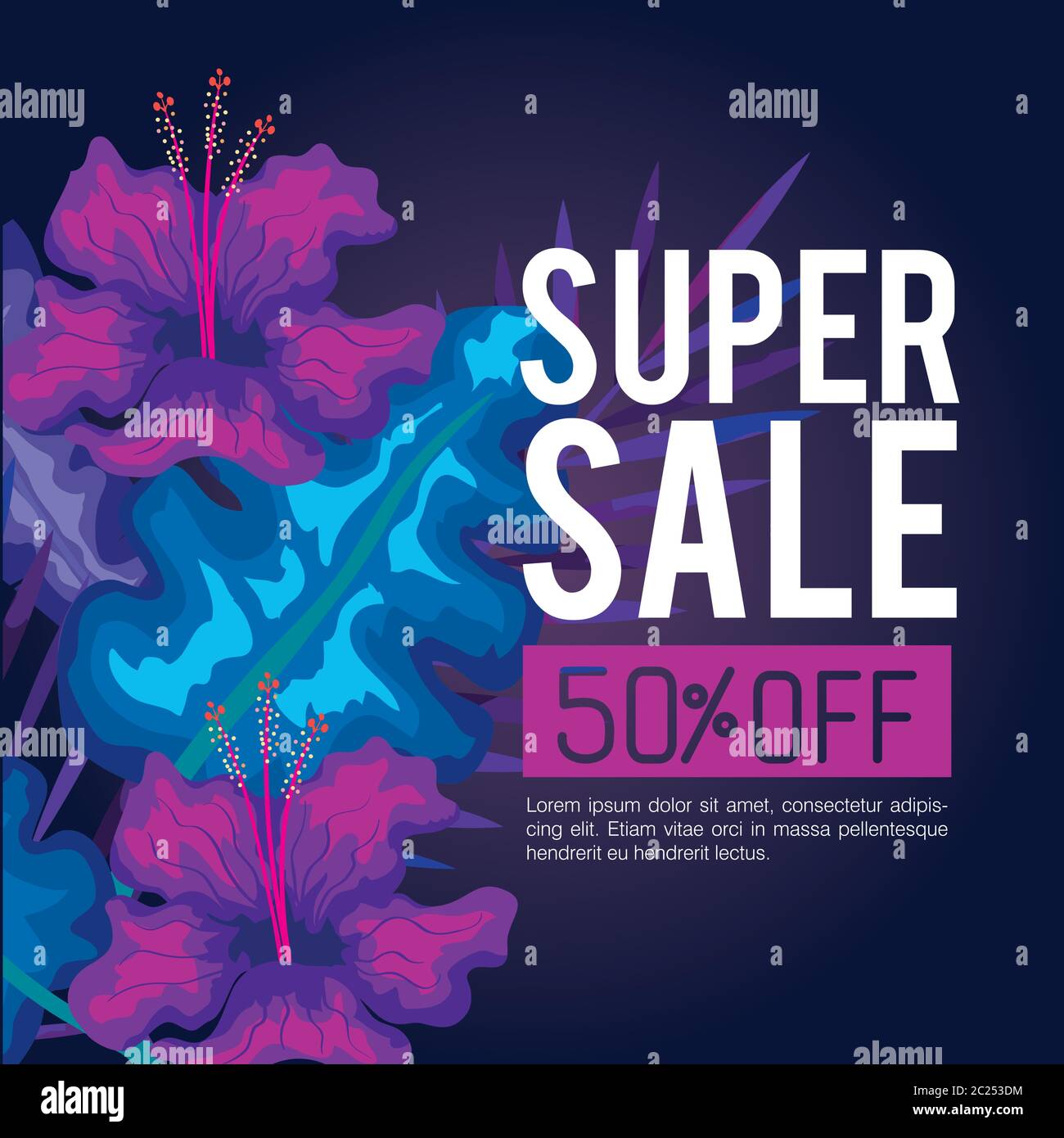 summer super sale fifty percent discount, banner with flowers and