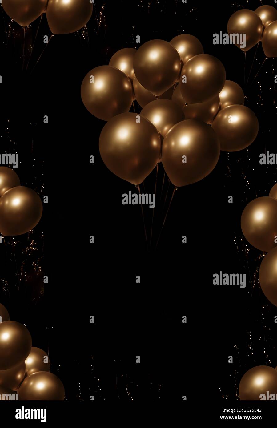 Bunch of golden balloons on night sky for a background Stock Photo