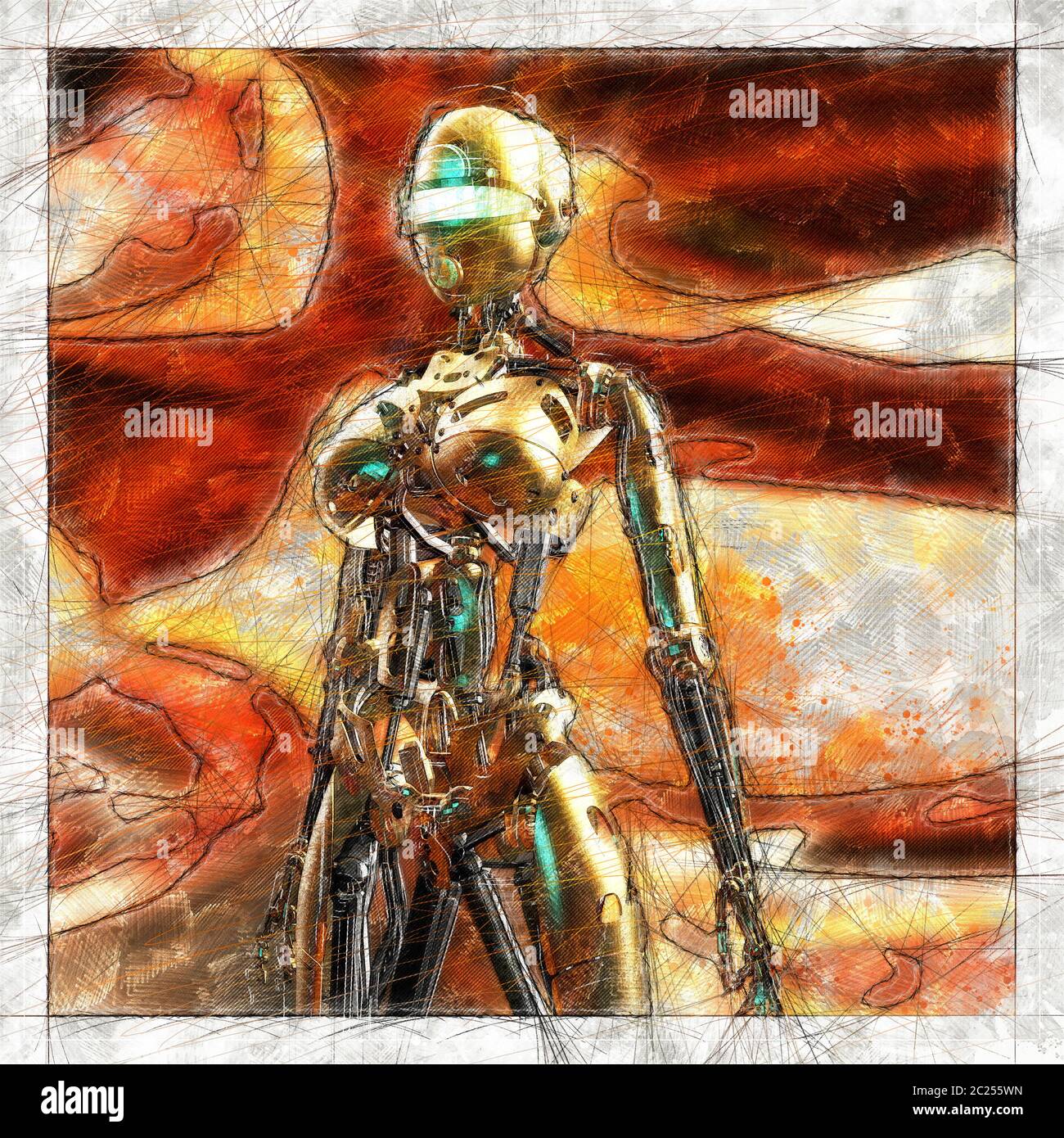 Digital artistic Sketch, based on a self-created 3D Illustration of a female Cyborg Stock Photo