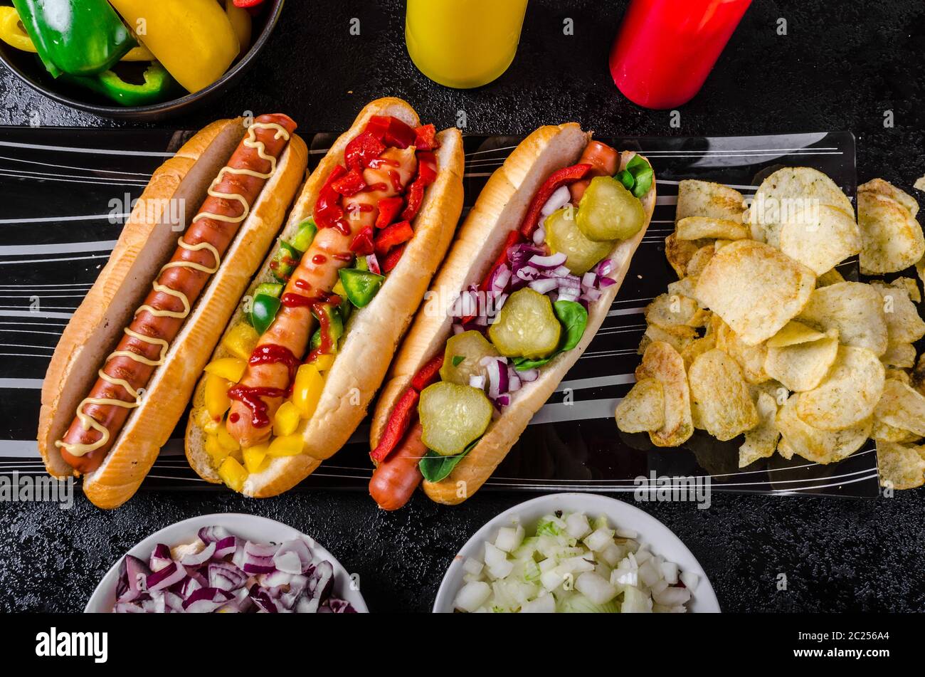 All beef dogs, variantion of hot dogs, onions, beef, garlic, chips