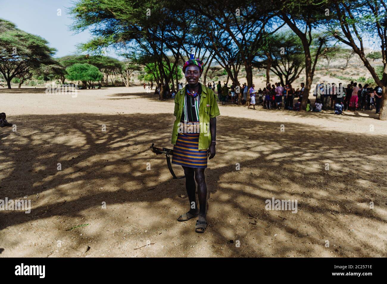 OMO VALLEY, ETHIOPIA -  AUGUST 07 2018: The Bull Jumping Ceremony by the unidentified Hamer tribe members Stock Photo