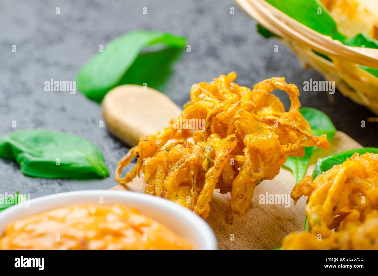 Indian Spicy Onion Bhajis Dipping Sauce High Resolution Stock