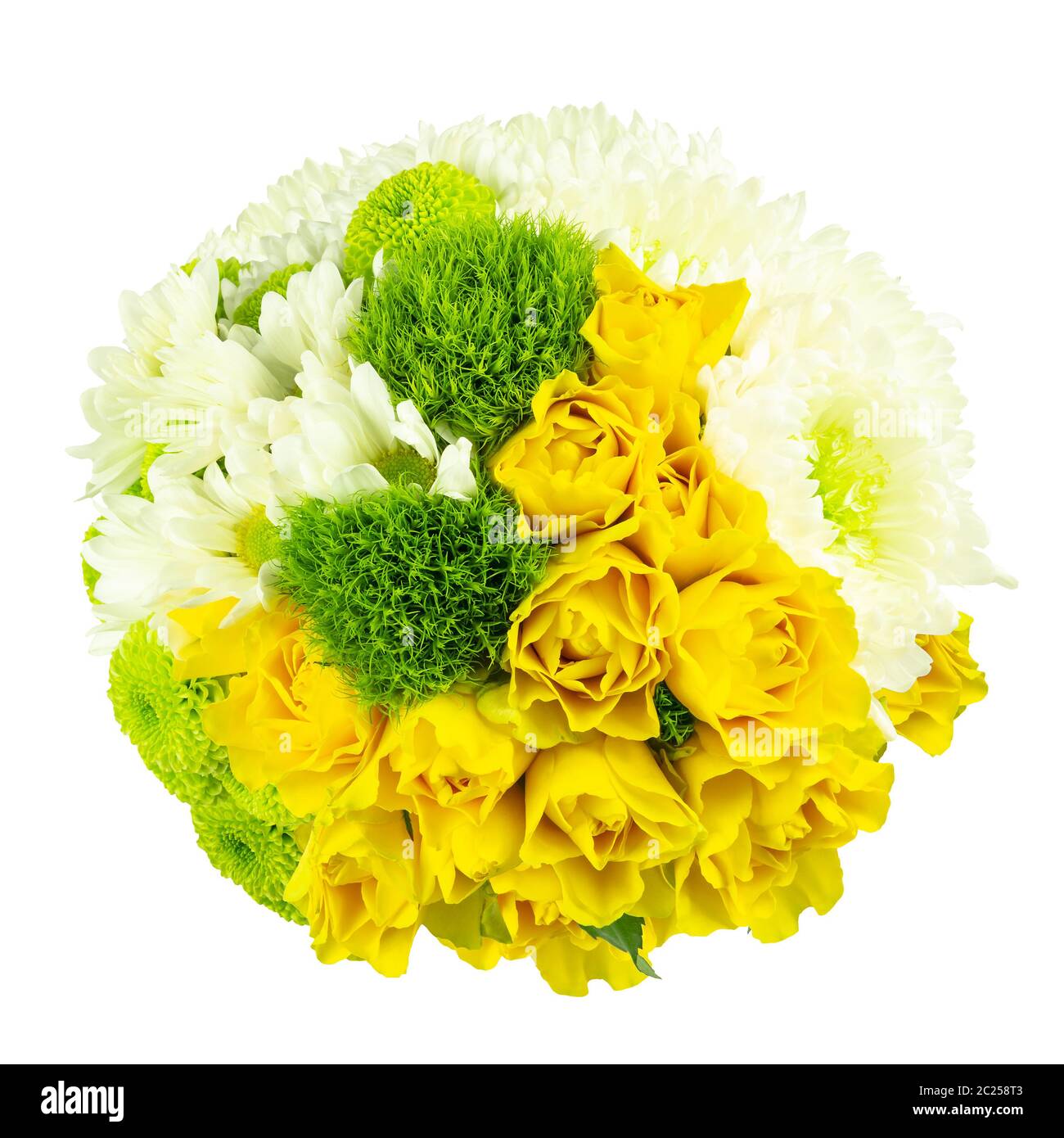 Bird's eye view of round bouquet with fresh cut flowers isolated on white. Arrangement with yellow, white and green fresh cut flowers Stock Photo