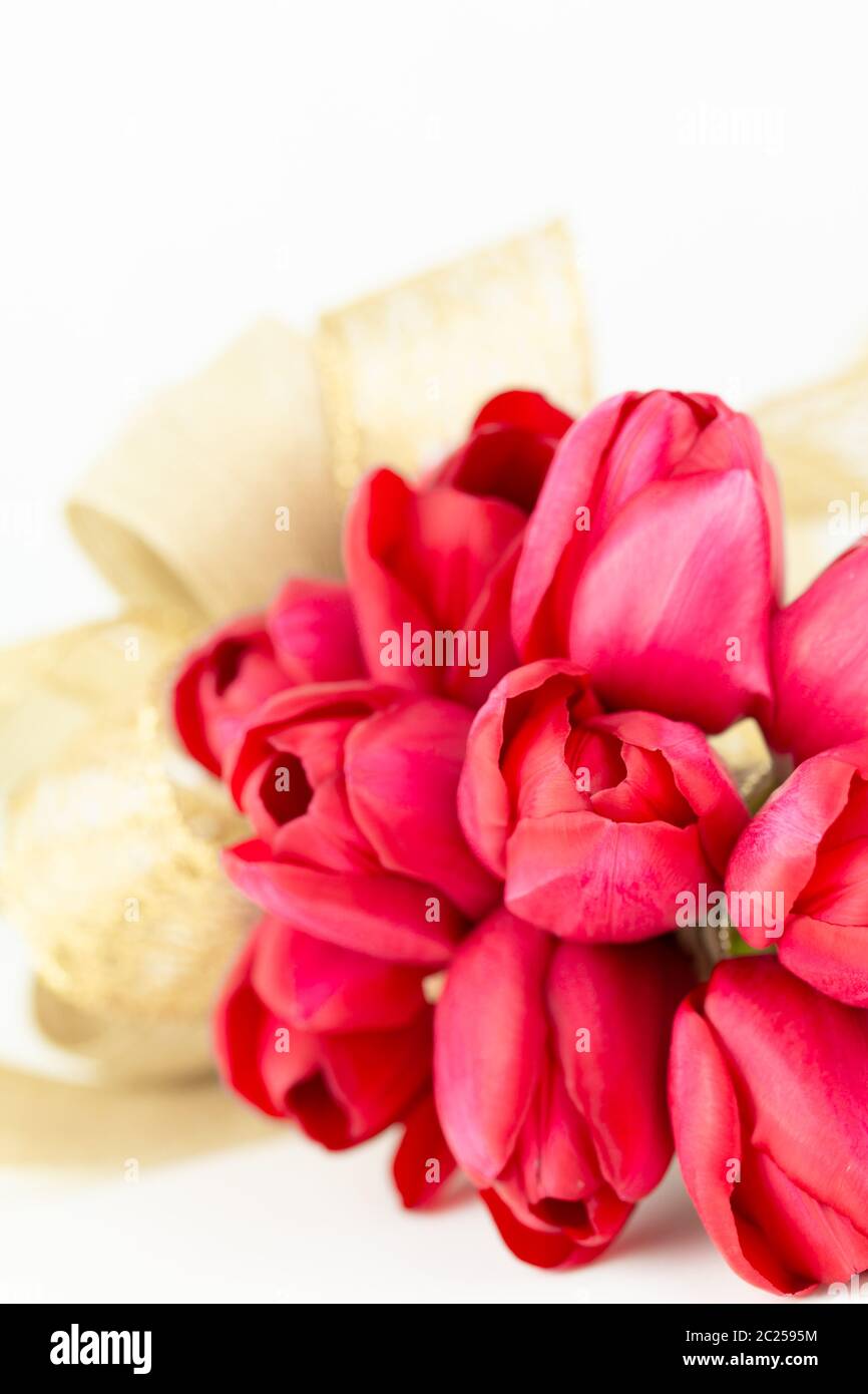 Fresh cut red tulip arrangement with gold bow, selective focus and copy space. Portrait orientation. Stock Photo