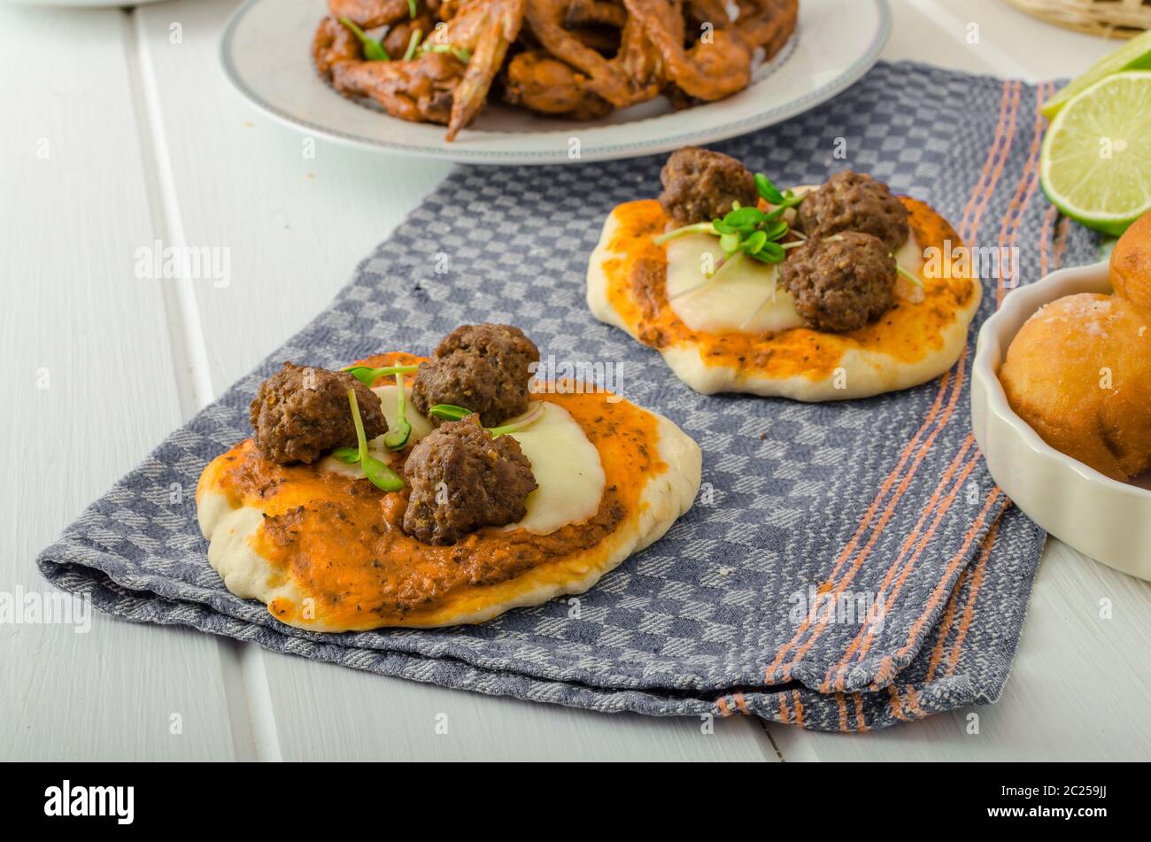 Chicken wings, vegetable, french fries, pizza, donuts, lime juice, dip