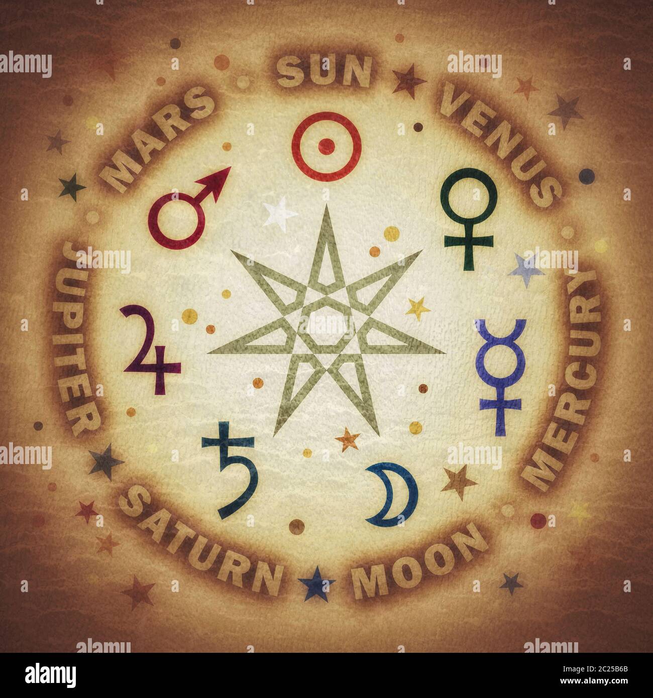 Ancient Star of The Magicians. Seven planets of Astrology. Stock Photo