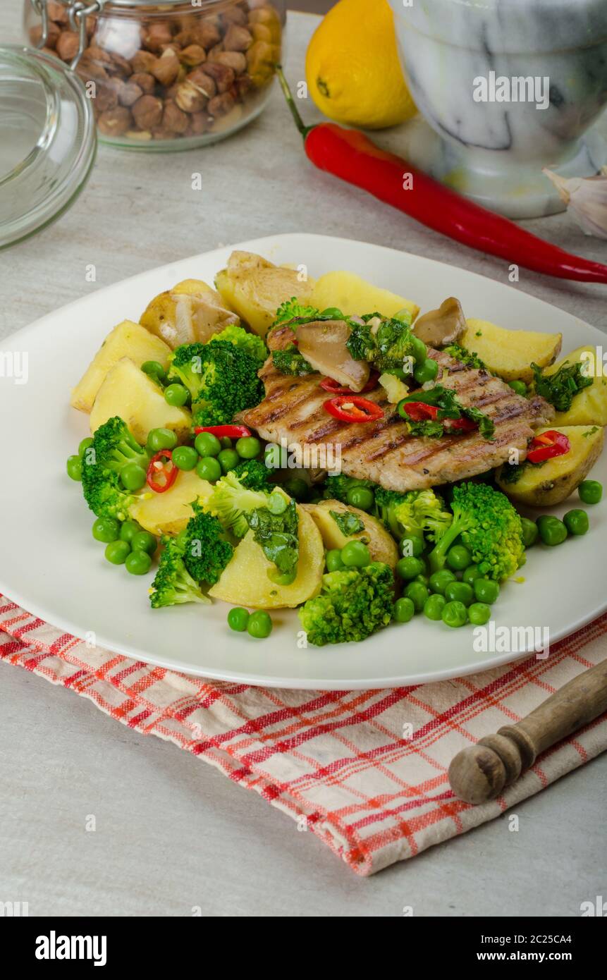 Healthy Pork Escalope with Super Greens, broccoli, peas, pork and