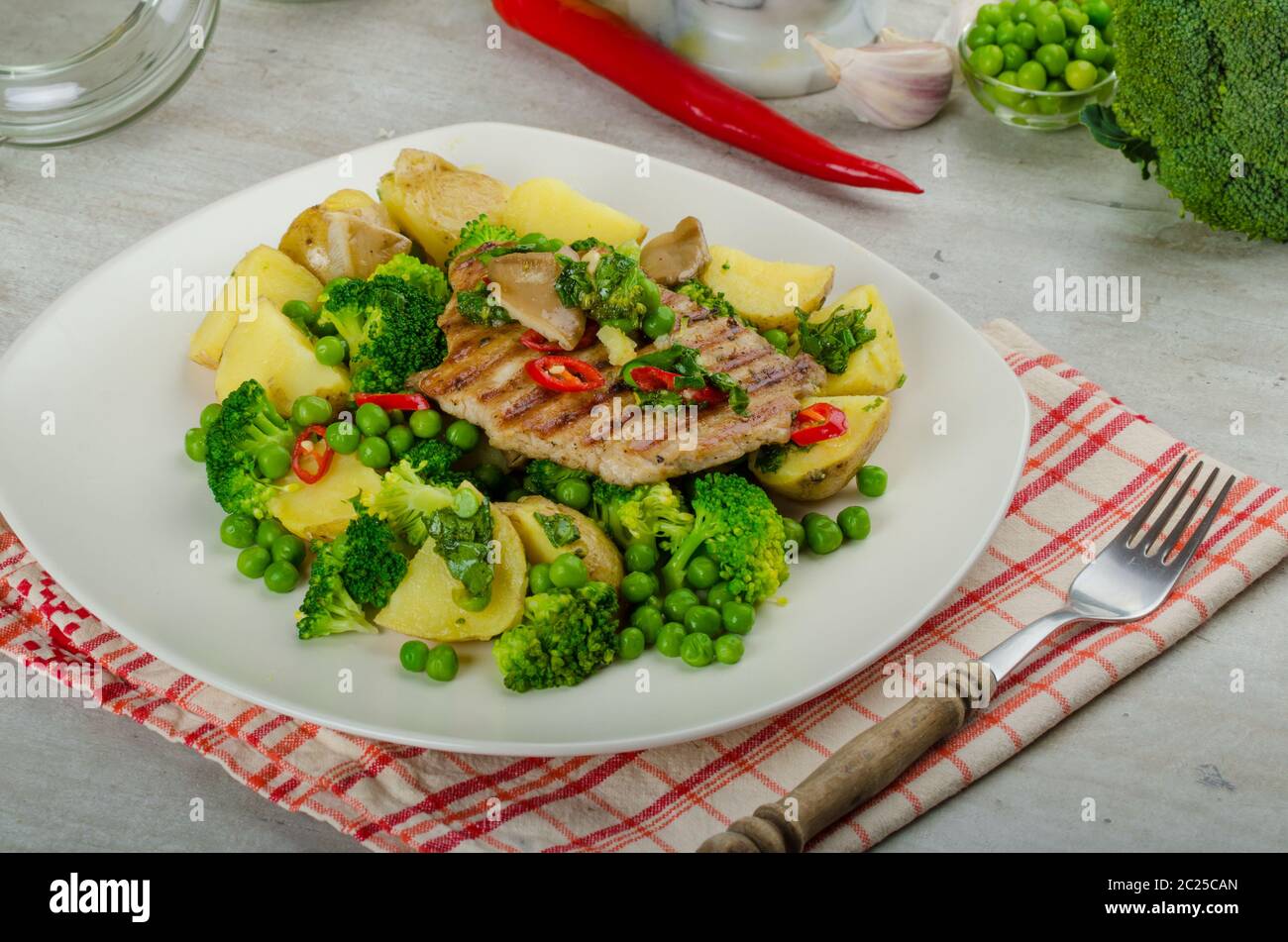 Healthy Pork Escalope with Super Greens, broccoli, peas, pork and
