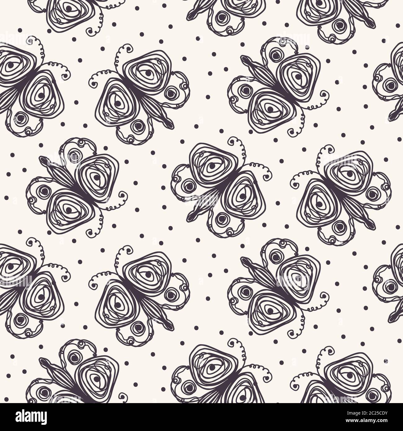 Hand Drawn Doodle Butterfly Motif Seamless Pattern. Simple Playful ...