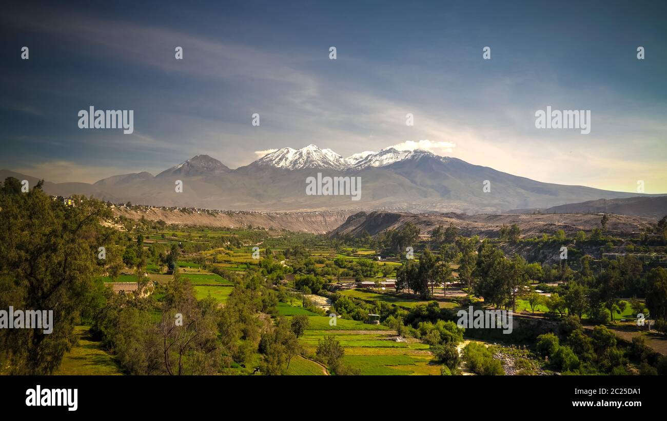 Panoramic view to Chachani mountain and Arequipa city from Yanahuara viewpoint, Arequipa, Peru Stock Photo