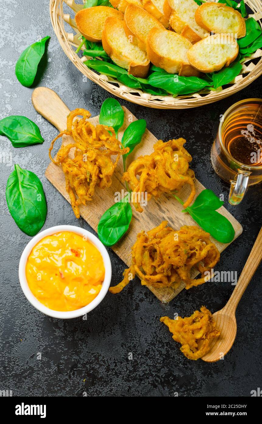 Indian Spicy Onion Bhajis Dipping Sauce High Resolution Stock