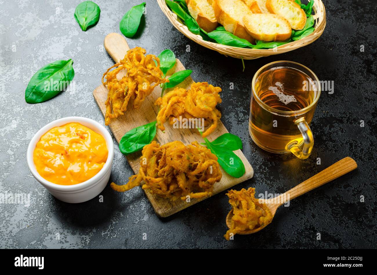 Indian Spicy Onion Bhajis Dipping Sauce High Resolution Stock