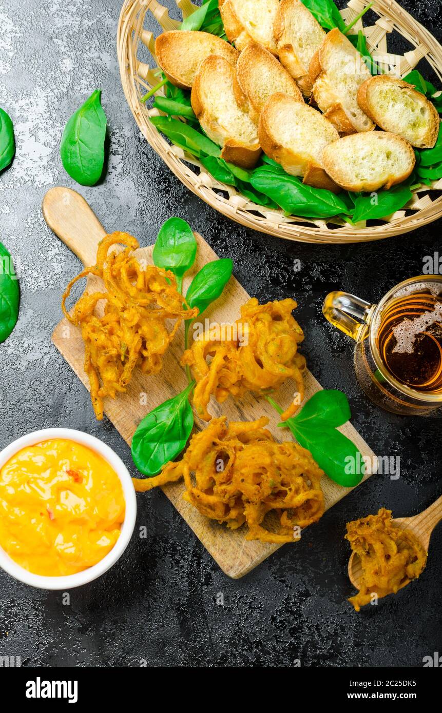 Crispy Onion Bhajis with creame cheese dip with jalapeno and crunchi