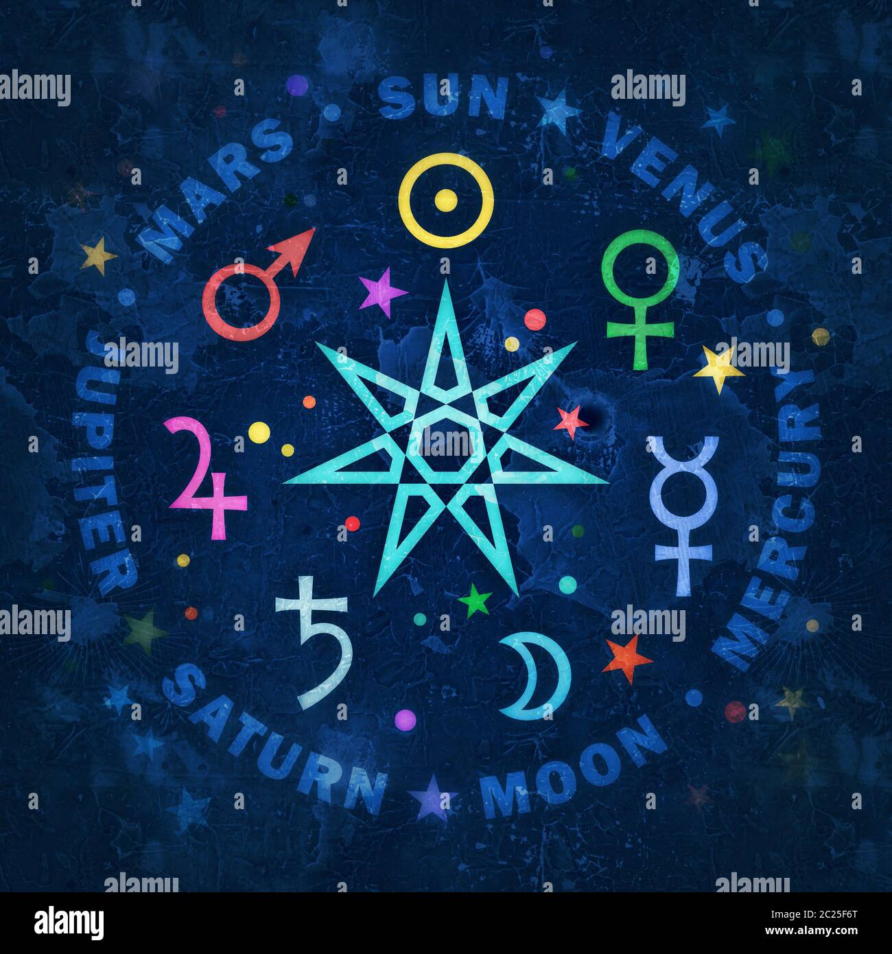 Ancient Star of The Magicians. Seven planets of Astrology. Stock Photo
