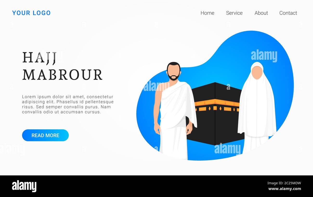 Hajj Mabrour landing page with Kaaba, men and women pilgrimage characters wearing ihram cloth. Modern Islamic background illustration. Stock Vector
