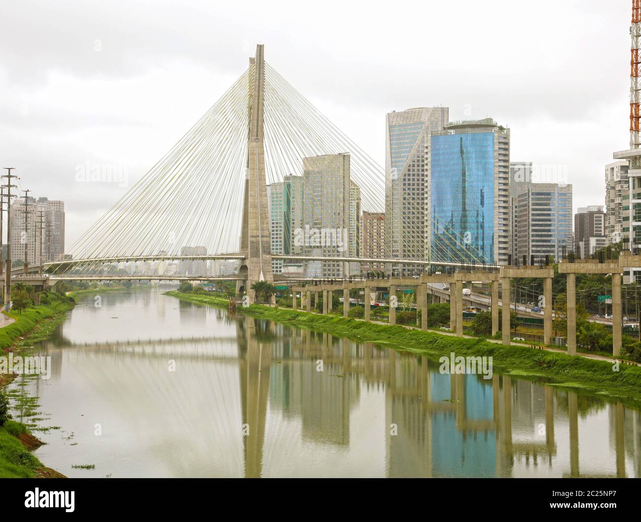 Sao Paulo city landmark Estaiada Bridge reflex in Pinheiros river, Sao Paulo, Brazil Stock Photo