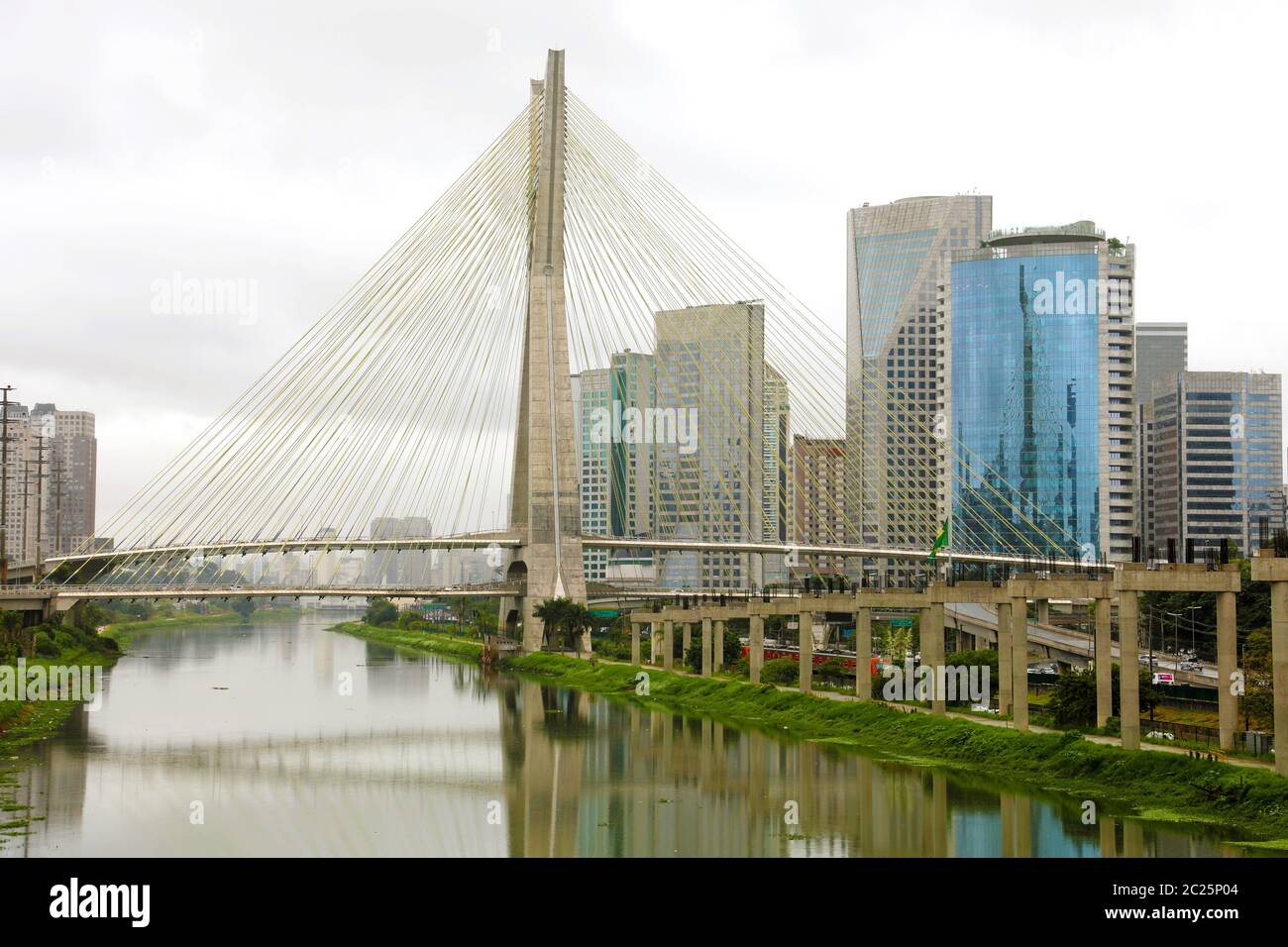 Sao Paulo city landmark Estaiada Bridge reflex in Pinheiros river, Sao Paulo, Brazil Stock Photo