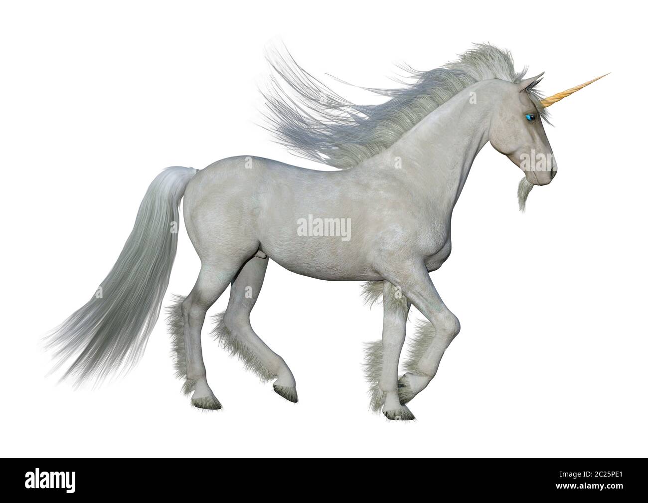 3D rendering of a fantasy white unicorn isolated on white background ...