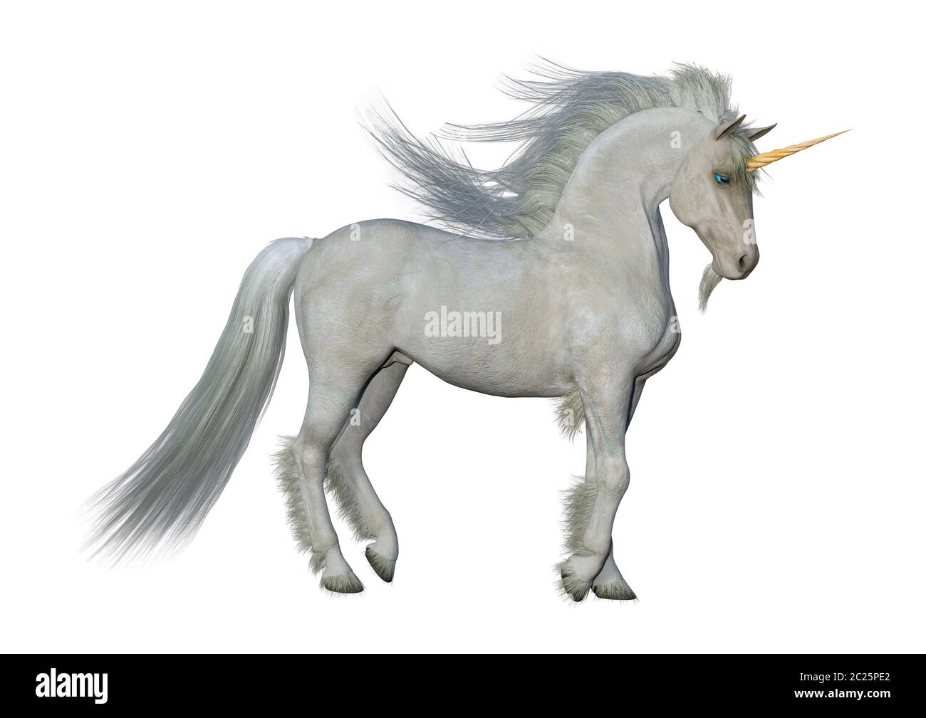 3D rendering of a fantasy white unicorn isolated on white background ...