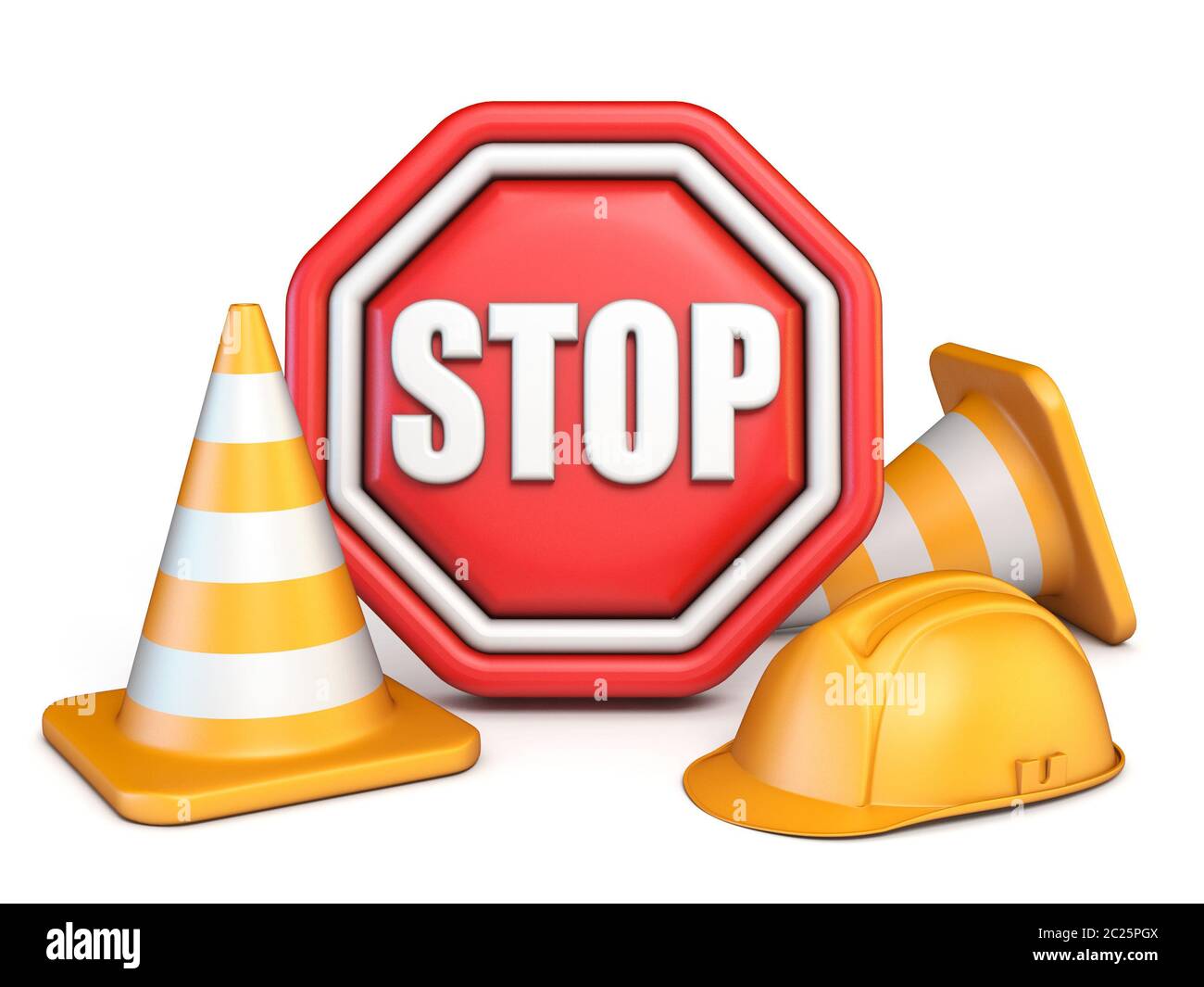 Stop sign, traffic cones and safety helmet 3D Stock Photo