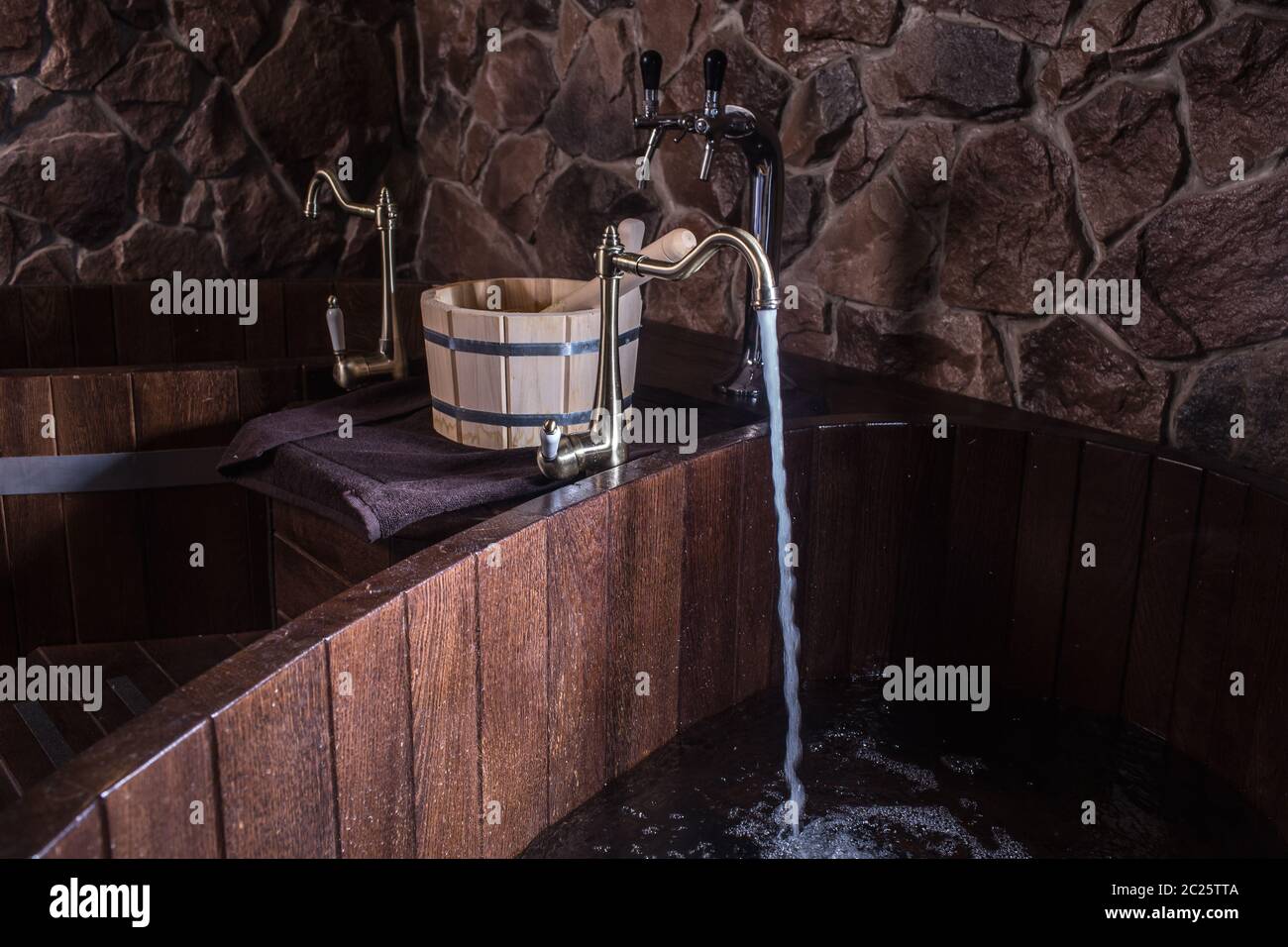 Wooden bath accessories in the sauna Stock Photo - Alamy