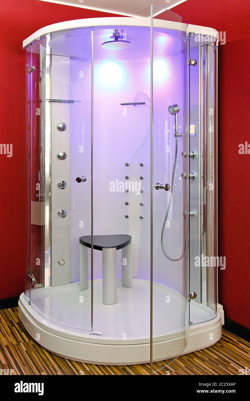 Big Shower Cabin in Corner of Red Bathroom Stock Photo Alamy