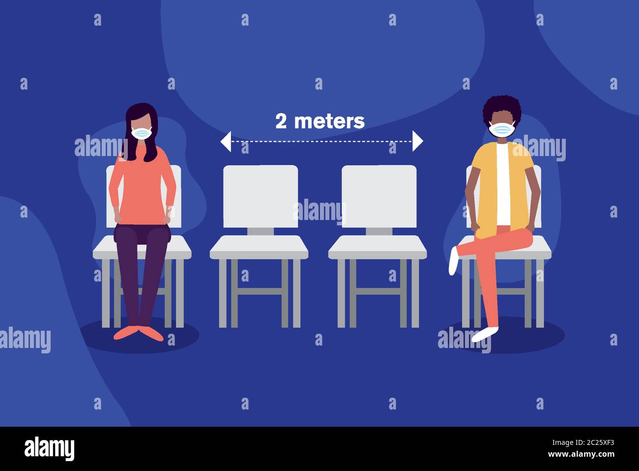 Social distancing between boy and girl with masks on chairs design of ...