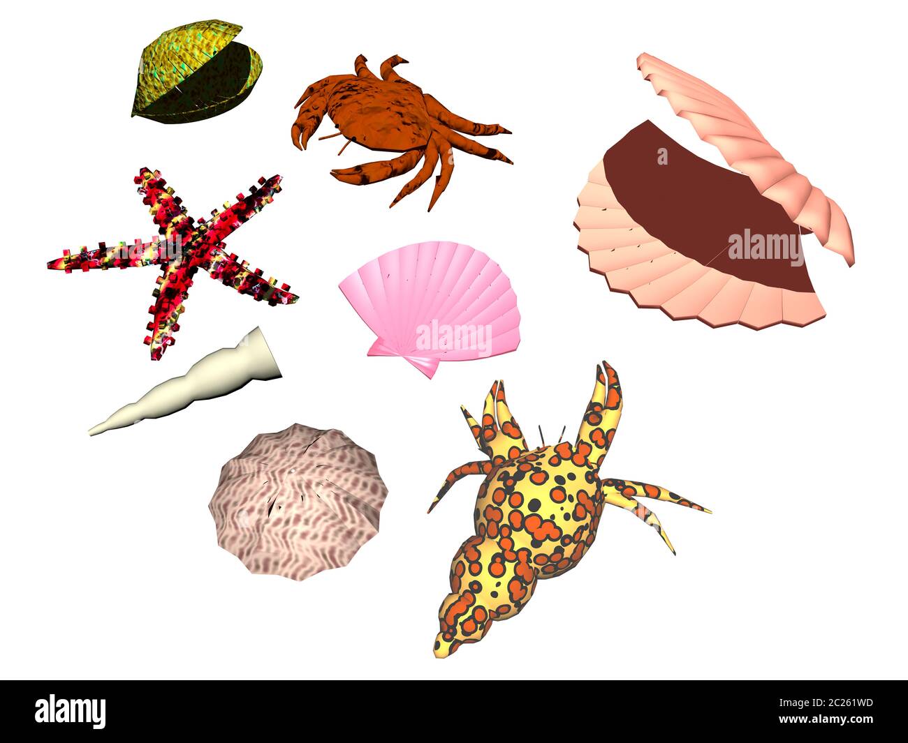 Sea animals on the beach 3D rendering Stock Photo