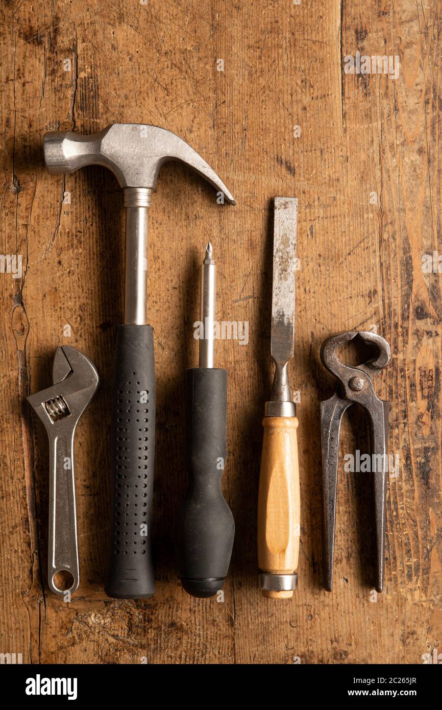 Different tools on a wooden vintage background Stock Photo