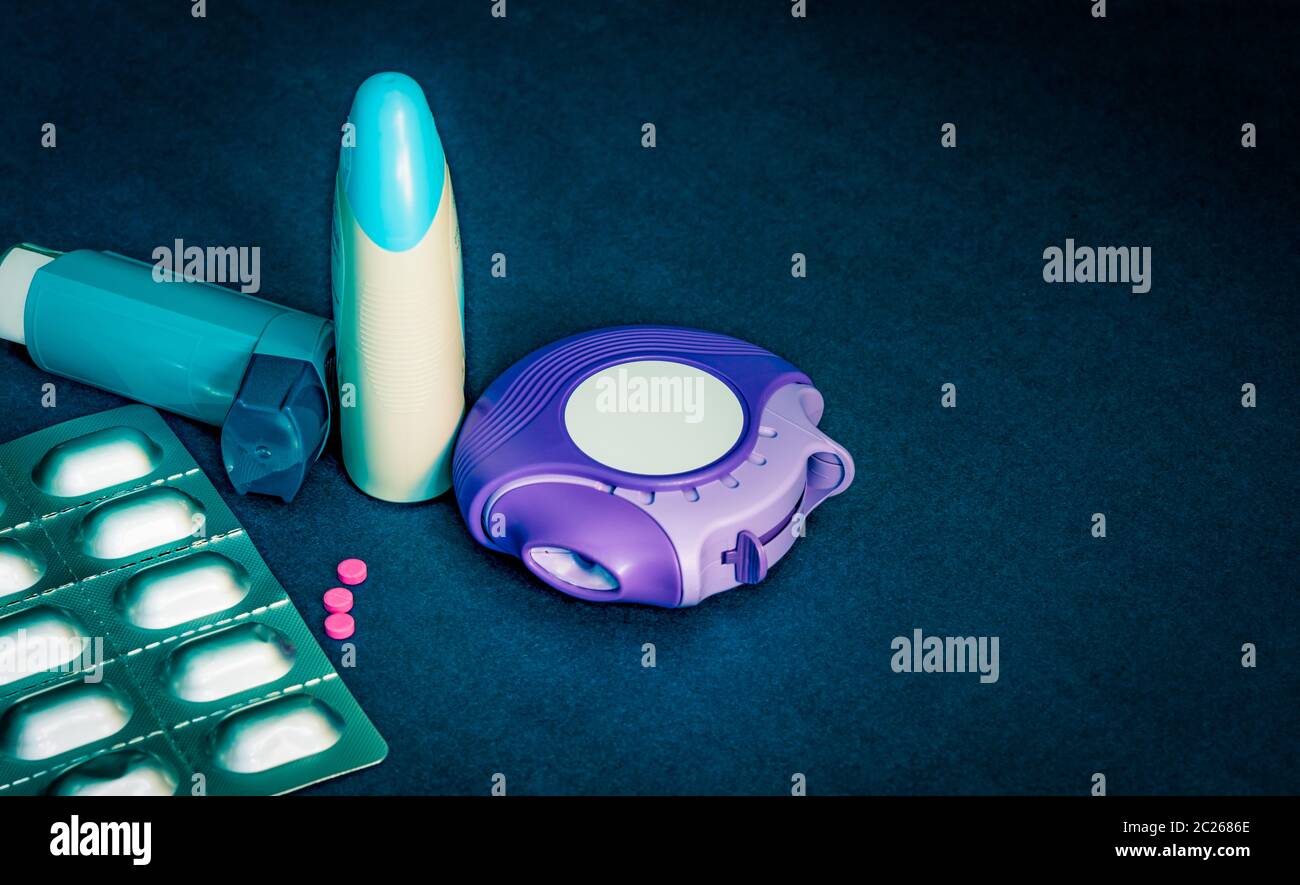 Set of asthma inhaler, accuhaler and antiallergy pills for treatment