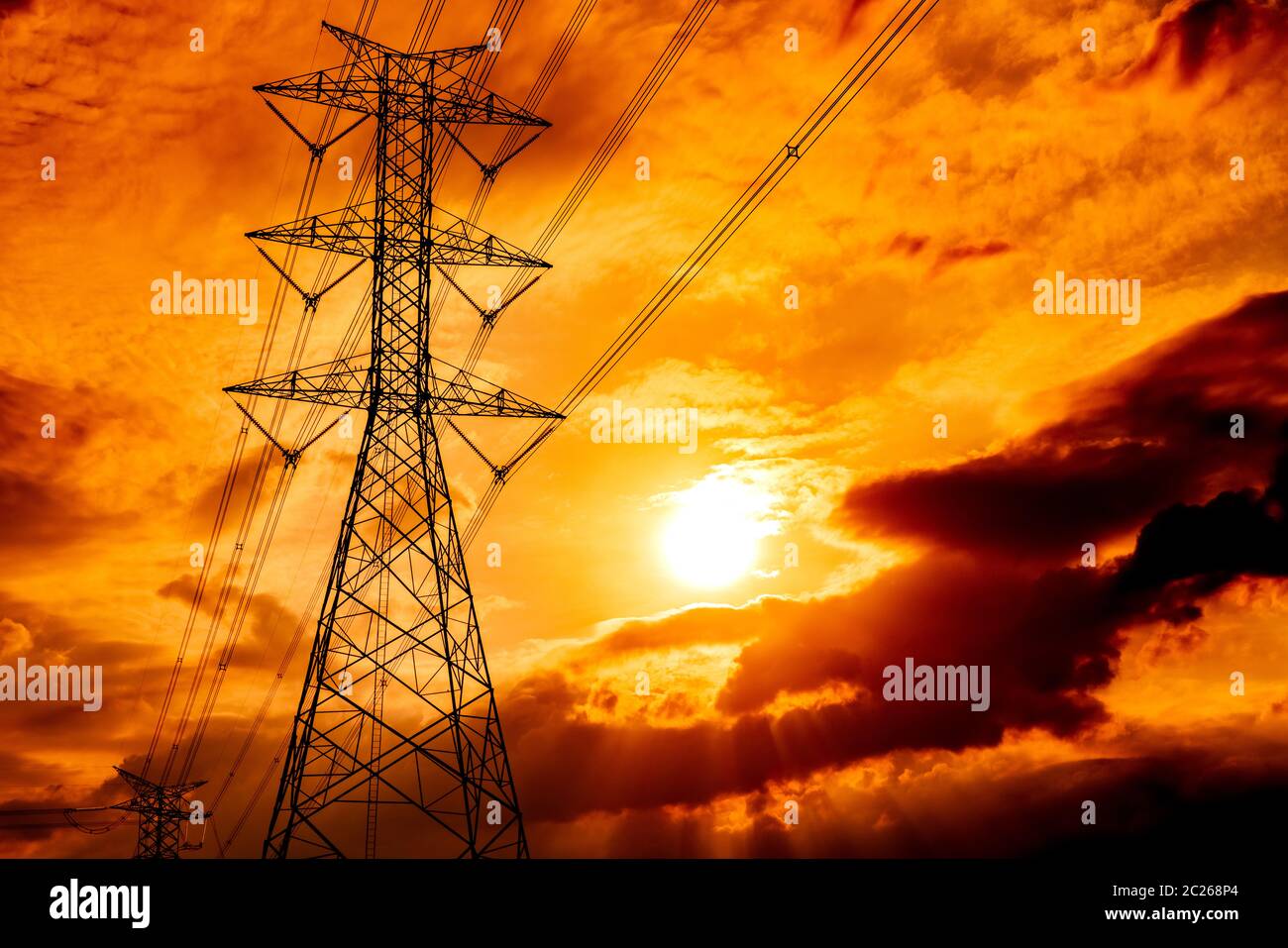 High voltage electric pole and transmission lines. Electricity pylons ...
