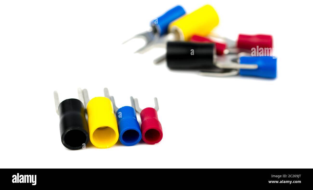 Select focus on spade terminals electrical cable connector accessories isolated on blur background Stock Photo