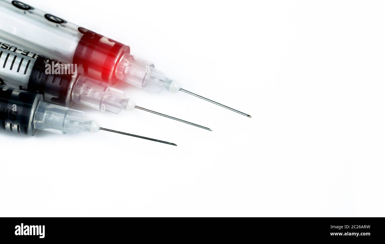 Used single use syringe.Plastic insulin syringe. Needle for addict