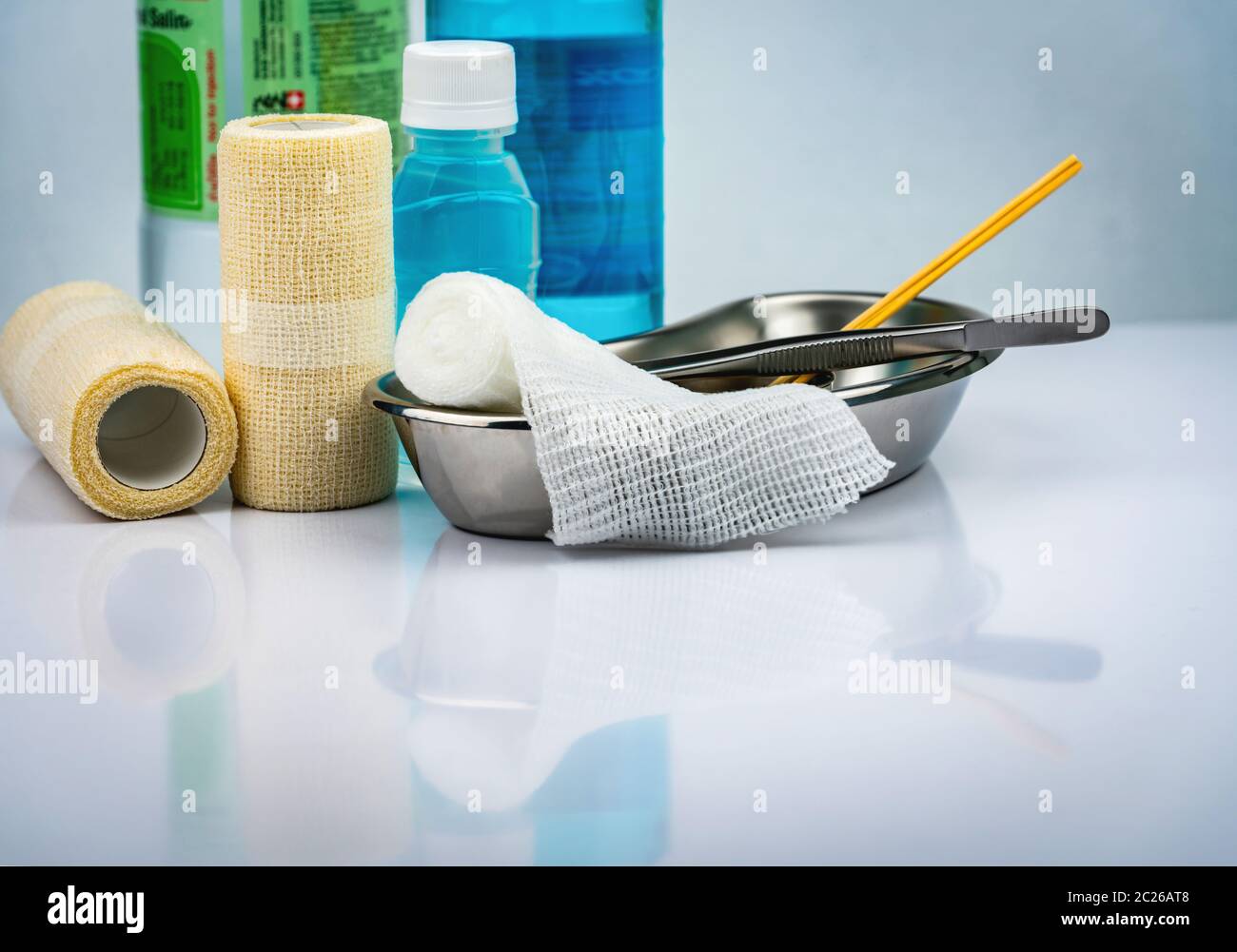 Wound care dressing set and stainless steel basin, forceps, alcohol