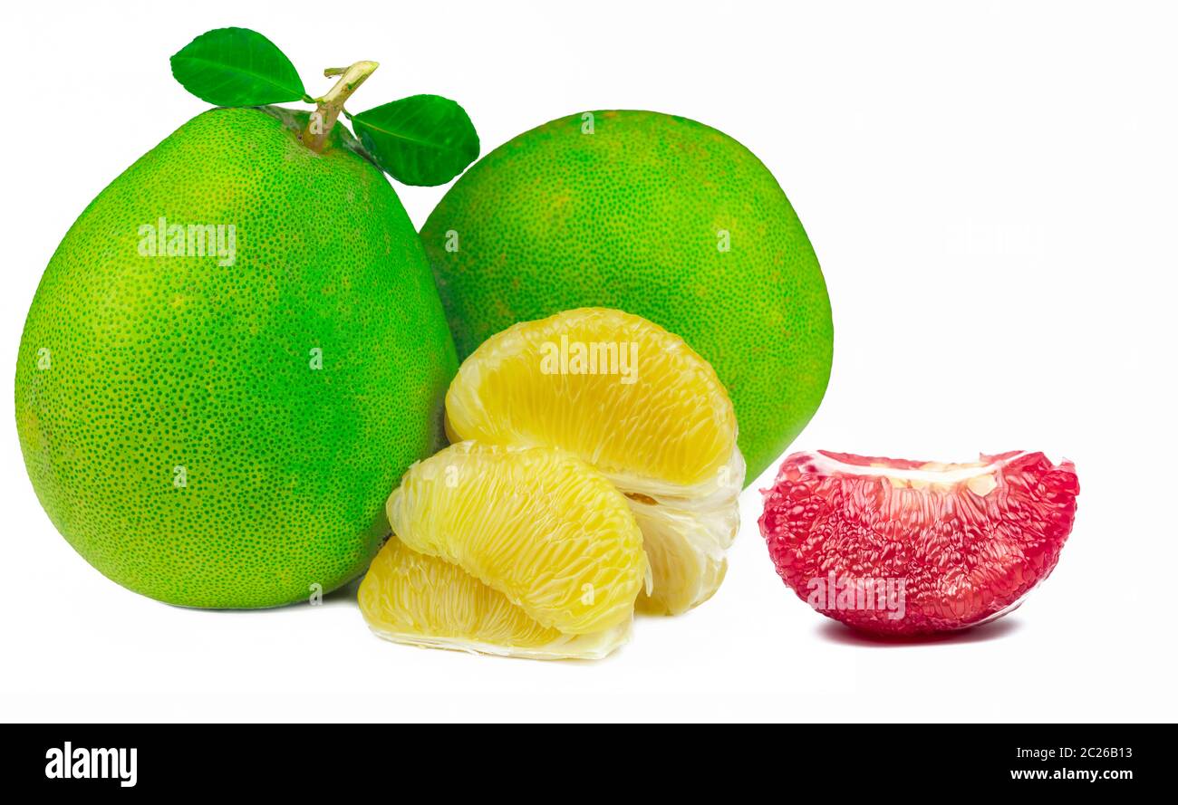 Red pomelo pulp with seeds isolated on white background. Thailand Siam