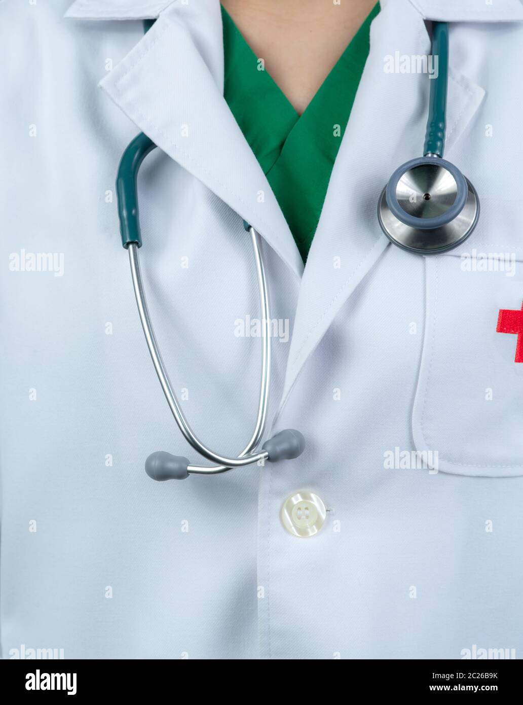 Doctor wear white uniform and green scrubs uniform inside. Doctor with