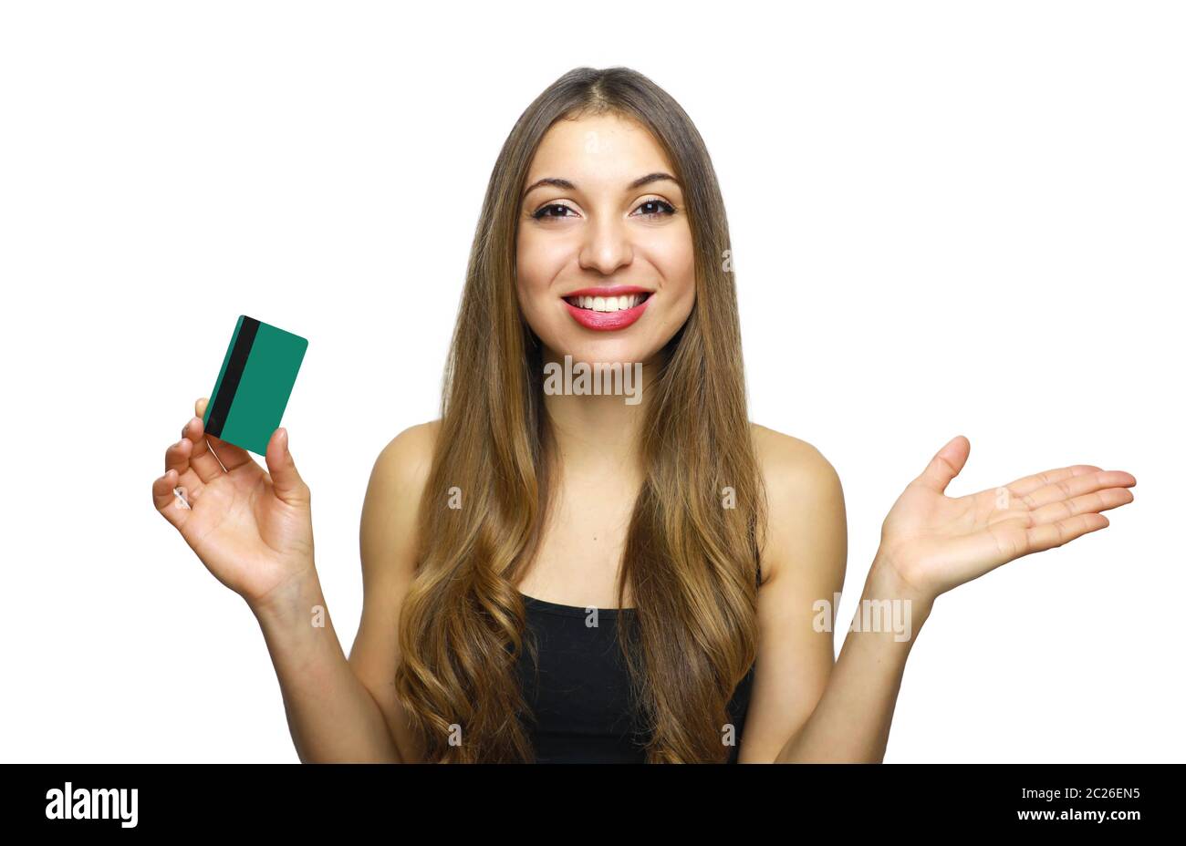 Happy smiling young woman holding credit card over white background ...