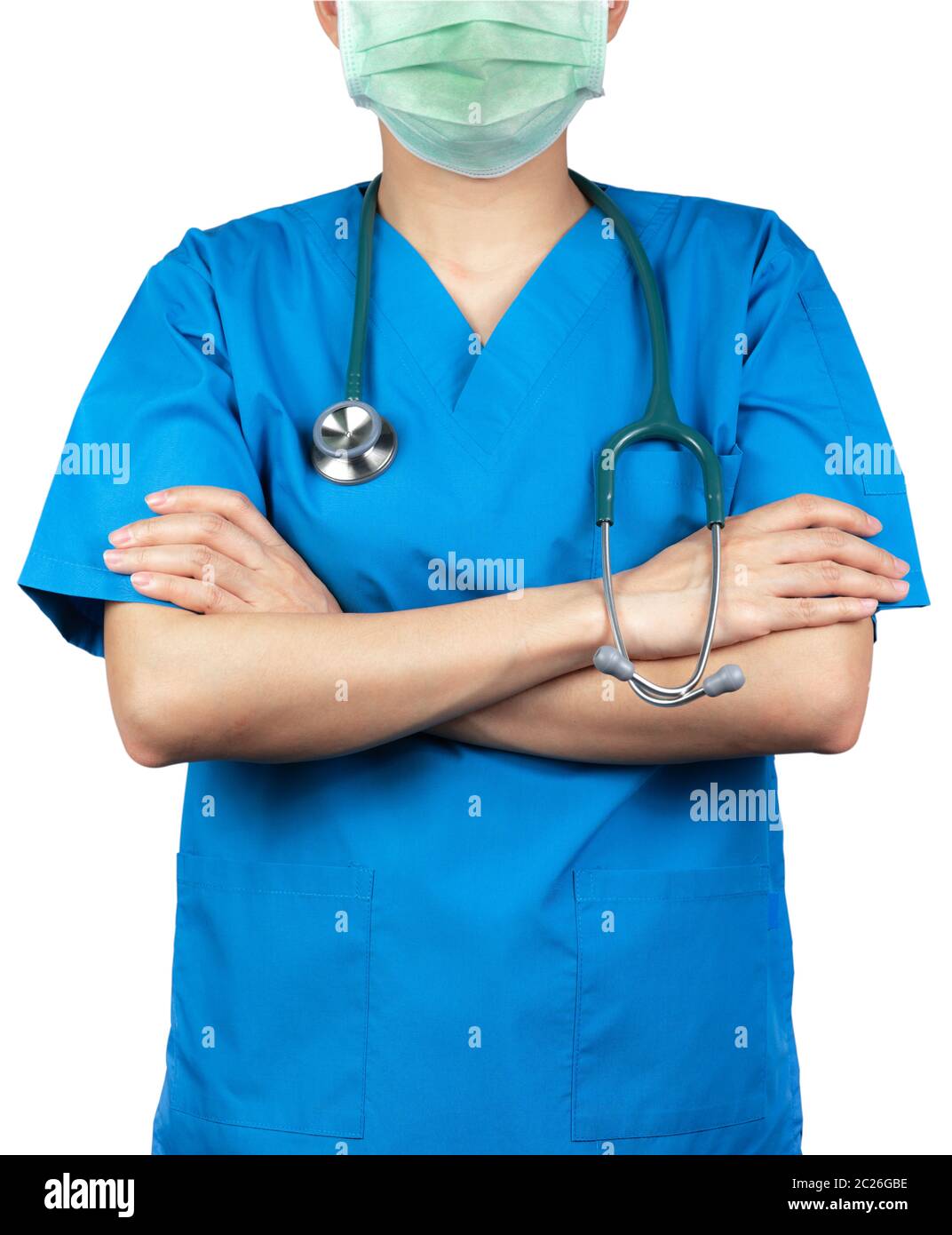 Surgeon doctor wear blue scrubs shirt uniform and green face mask
